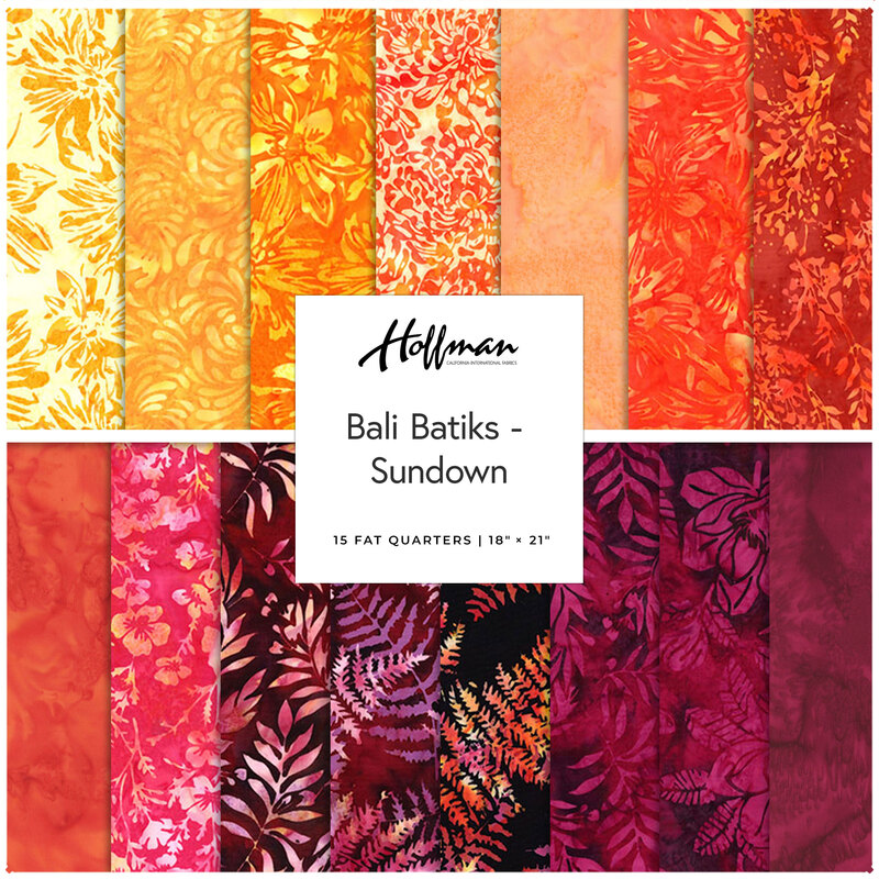 A collage of fabrics included in the Sundown collection featuring batik fabrics in yellow, orange, and red.