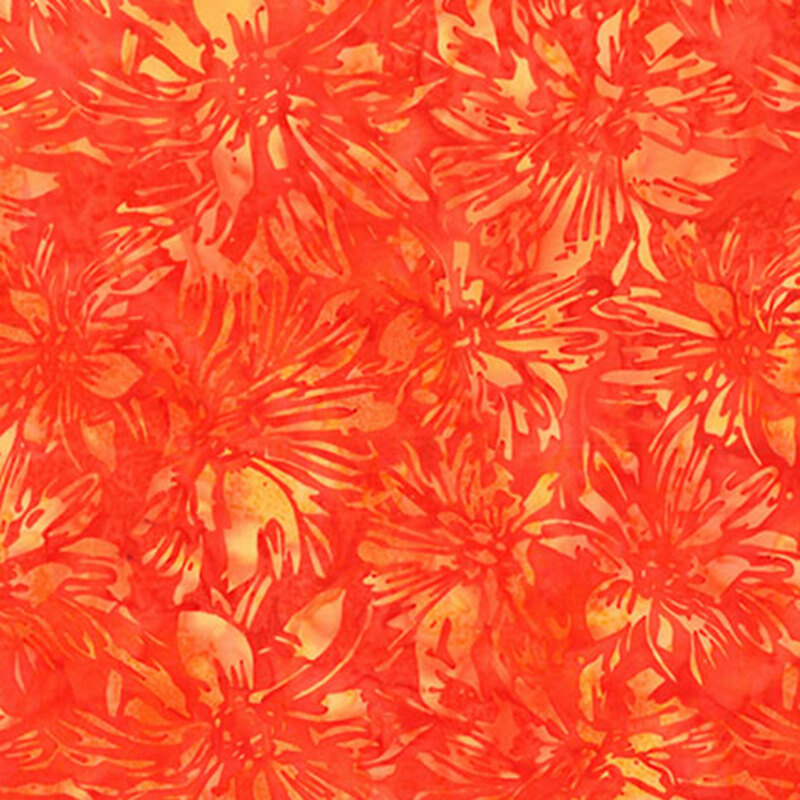 Mottled, bright orange batik fabric featuring bleached silhouettes of flowers.