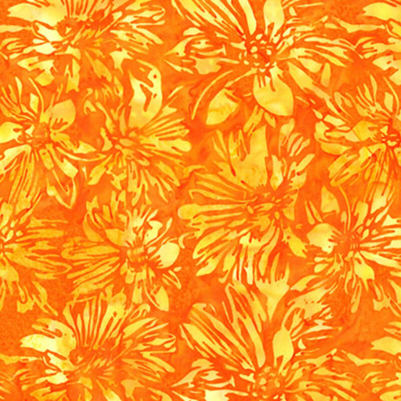 Mottled, bright orange batik fabric featuring large, bleached yellow flowers.