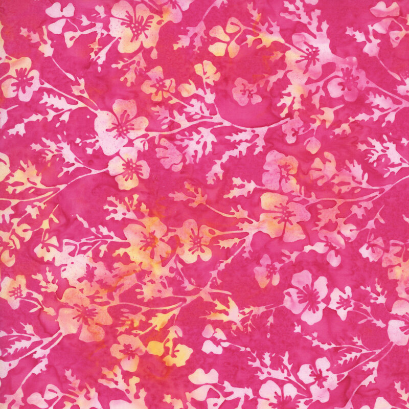 Mottled bright pink fabric featuring flowers and leaves.