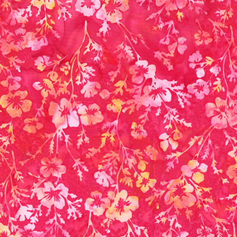 Mottled bright pink fabric featuring flowers and leaves.