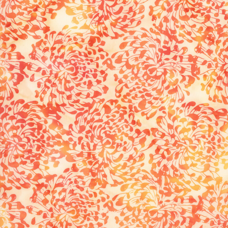 Pale yellow batik fabric featuring large florals in mottled hues of red and orange.