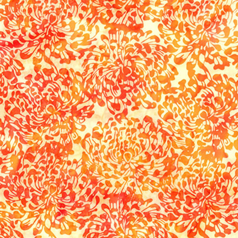 Pale yellow batik fabric featuring large florals in mottled hues of red and orange.