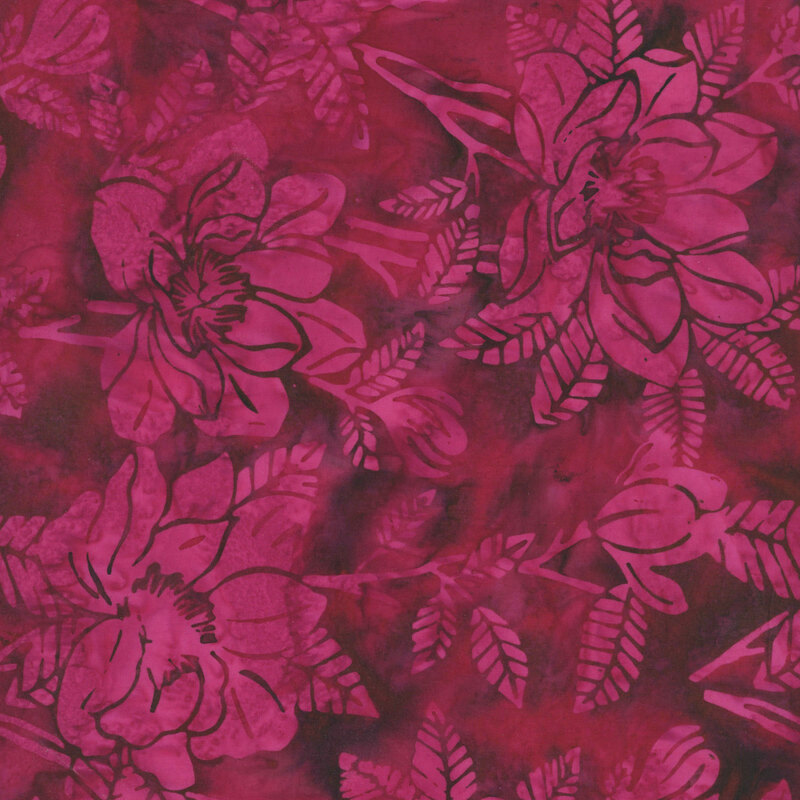 Mottled, dark garnet red batik fabric featuring large flowers and leaves.
