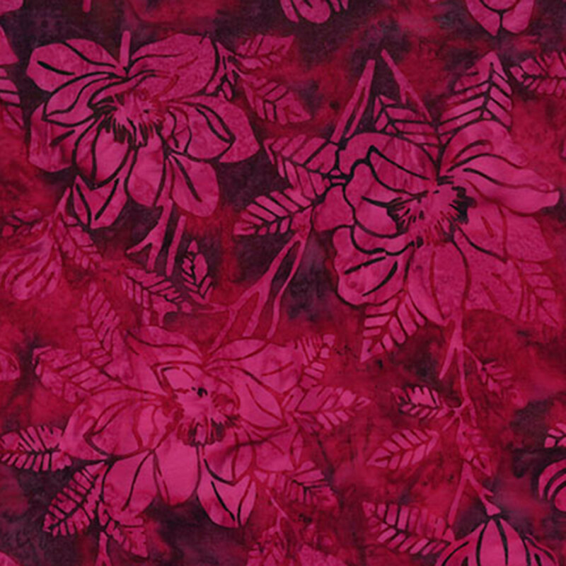 Mottled, dark red batik fabric featuring large flowers and leaves.