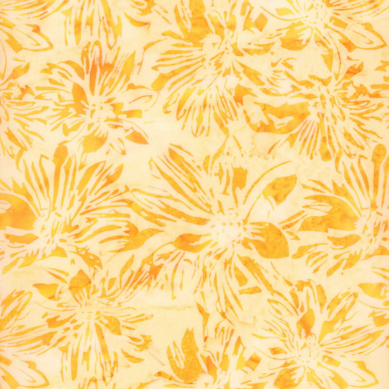 Mottled, pale yellow batik fabric featuring large, dark gold flowers.