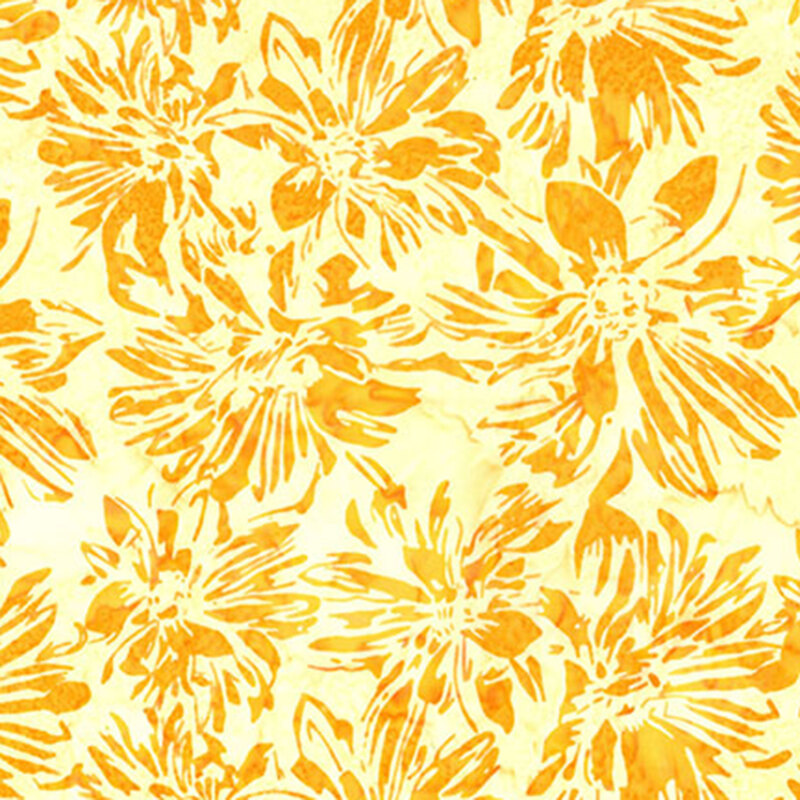 Mottled, pale yellow batik fabric featuring large, dark gold flowers.