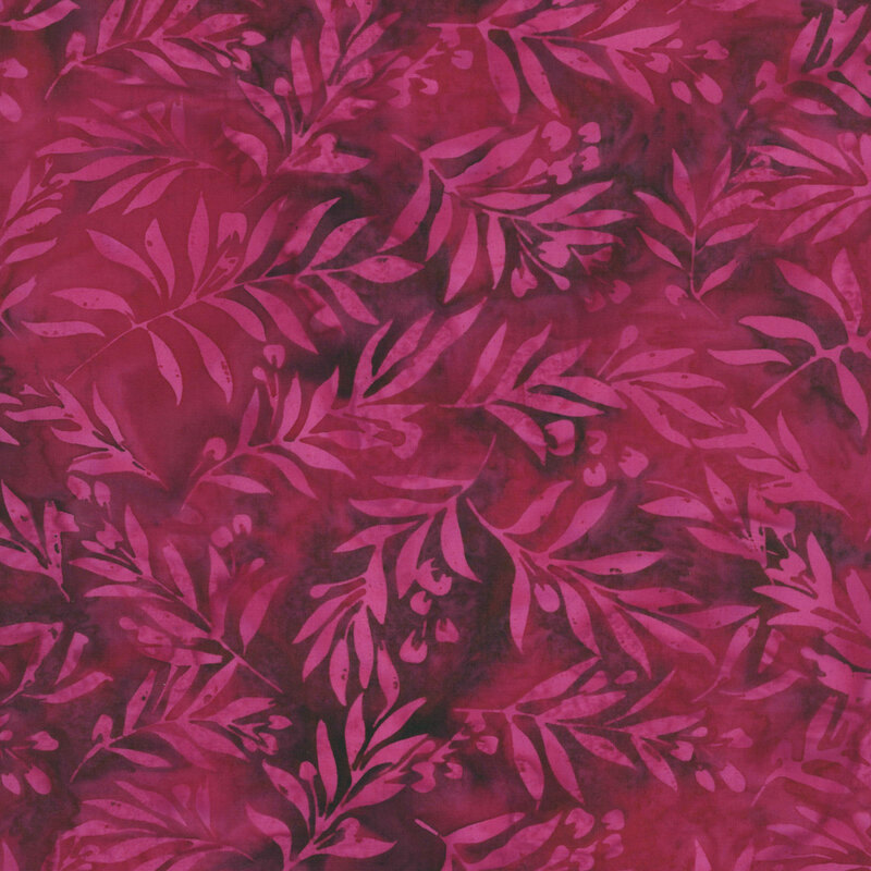 Mottled, dark claret red fabric featuring long stemmed leaves.