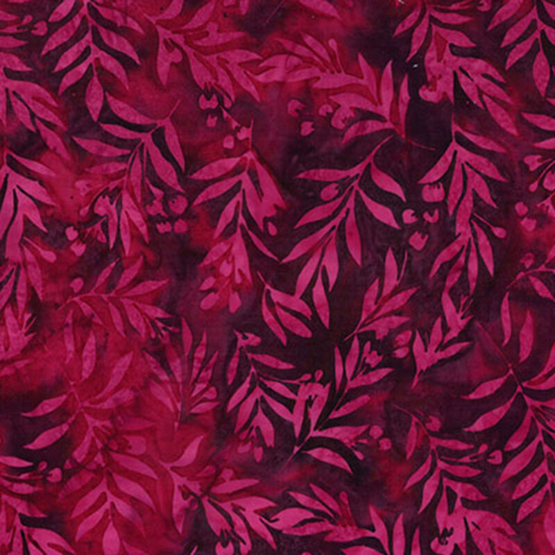 Mottled, dark red fabric featuring long stemmed leaves.