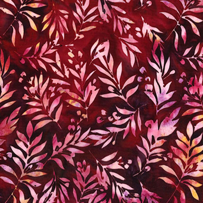 Mottled, dark red batik fabric featuring bleached, long stemmed leaves.