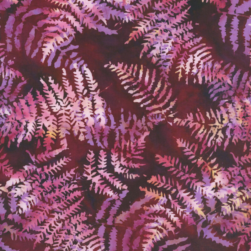 Mottled black cherry fabric featuring large, bleached fern leaves.