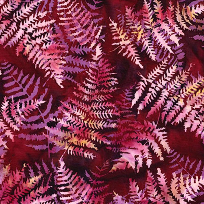 Mottled black cherry fabric featuring large, bleached fern leaves.
