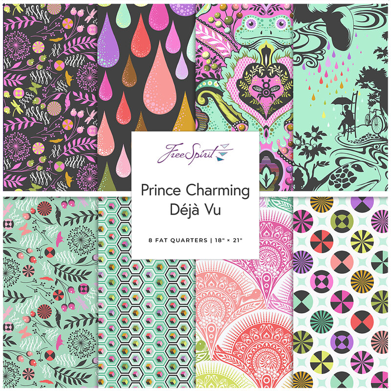 A fabric collage featuring bright modern fabrics from the Prince Charming Deja Vu Collection.