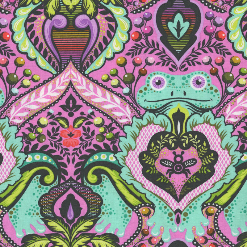 A bright bubblegum pink fabric with mint green frogs, bees, and leafy scrolls in a damask style.