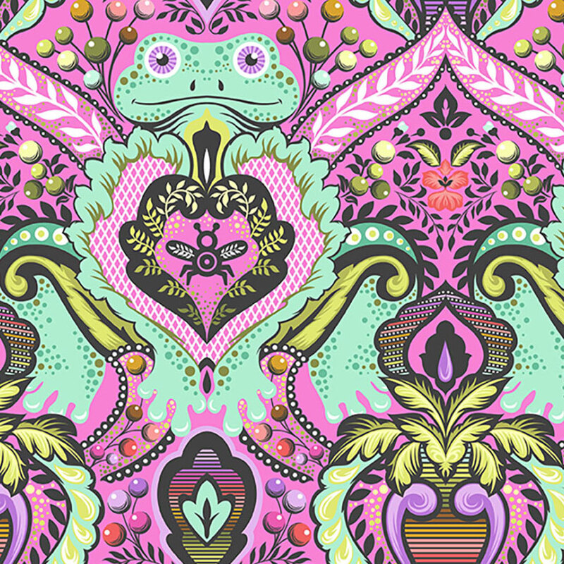 A bright bubblegum pink fabric with mint green frogs, bees, and leafy scrolls in a damask style.
