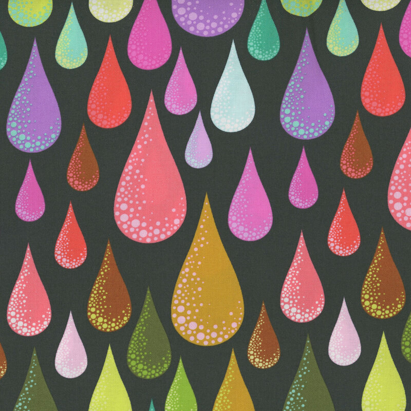 A black fabric with multi-colored dew drops adorned with dotted highlights. 