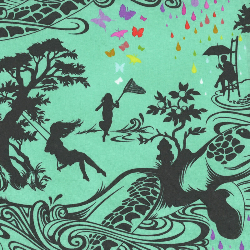 A mint green fabric with a flat silhouette design of children playing among large trees, with a giant sea turtle carrying the scene on its back. Rainbow butterflies and colorful dew drops are scattered throughout the design.