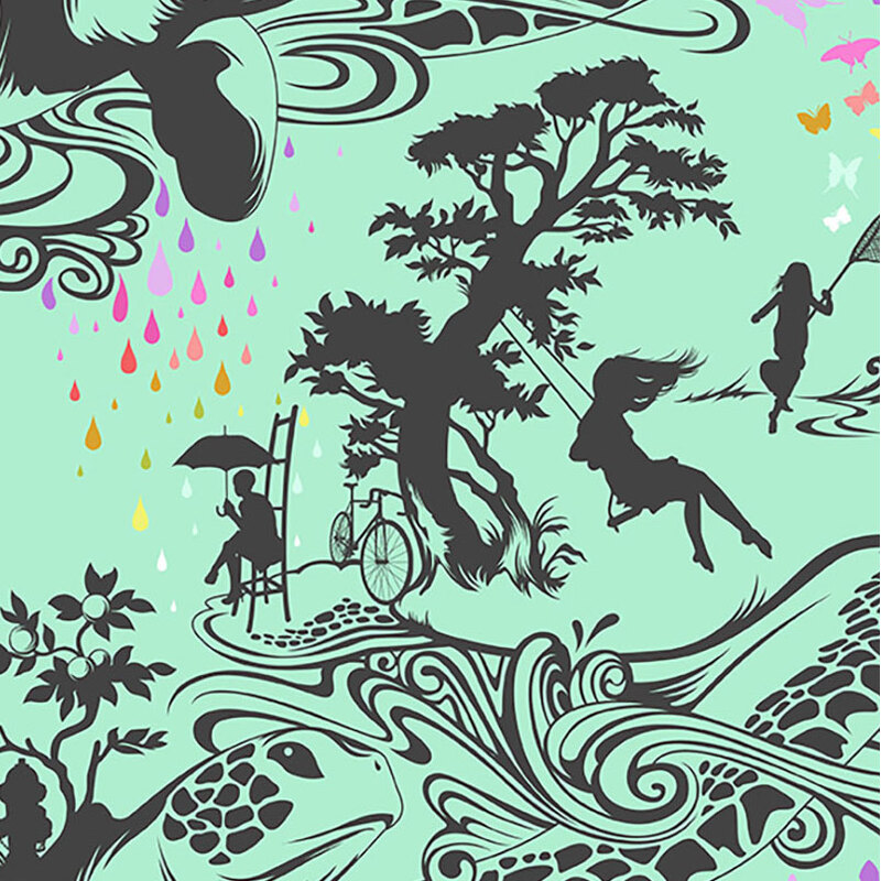 A mint green fabric with a flat silhouette design of children playing among large trees, with a giant sea turtle carrying the scene on its back. Rainbow butterflies and colorful dew drops are scattered throughout the design.