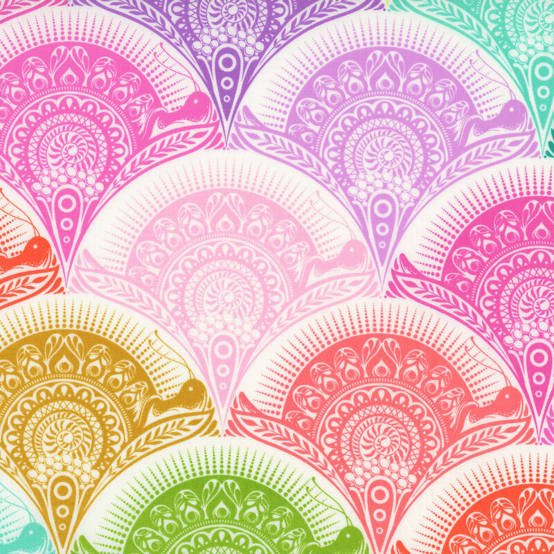 A multi-color fabric in a fish scale pattern, a snail resides in each scallop. 