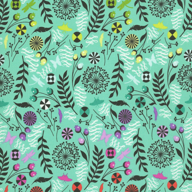 A mint green fabric featuring black leaves layered with a rainbow ombré of butterflies, feathers, dots, and botanical motifs.