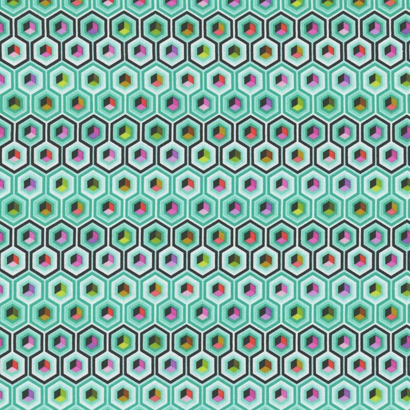 A mint green fabric with a geometric pattern of repeated hexagons accented with fuchsia, orange, and lime green.