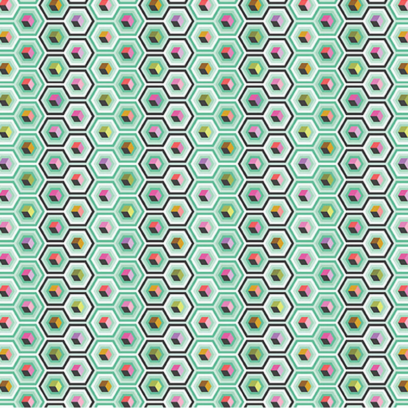 A mint green fabric with a geometric pattern of repeated hexagons accented with fuchsia, orange, and lime green.