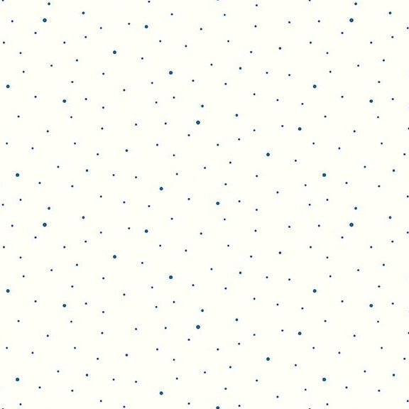 A white fabric with scattered small navy blue dots.