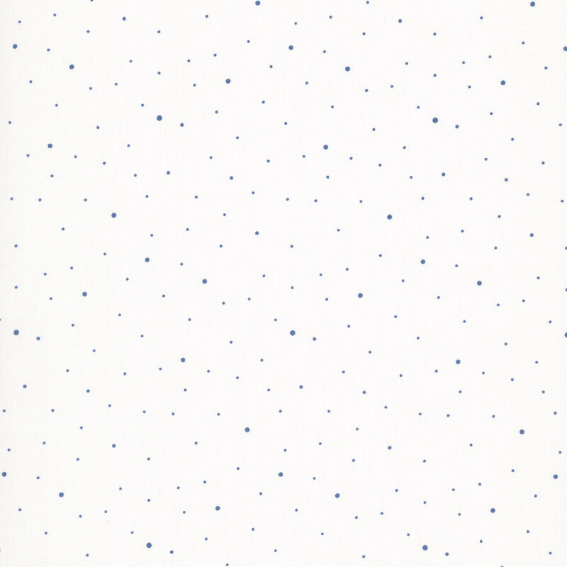 A white fabric with scattered small navy blue dots.