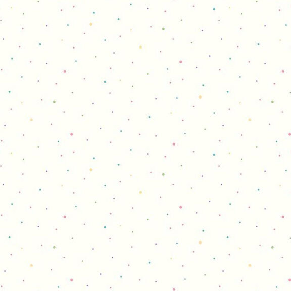 A white fabric with scattered small multi-color pastel dots.