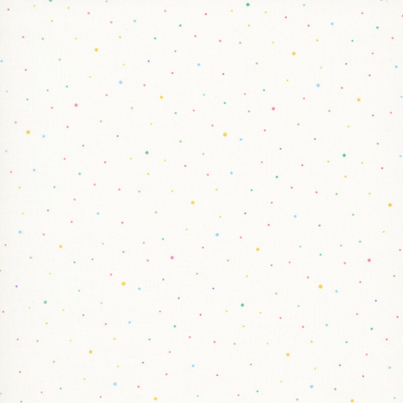 A white fabric with scattered small multi-color pastel dots.