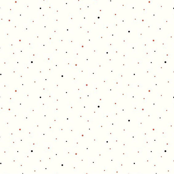 A white fabric with scattered small black and orange dots.
