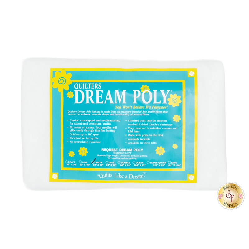 Throw sized batting for Quilter's Dream Poly Request - Low Loft Batting, detailing composition, sizes, and usage instructions, isolated on a white background.