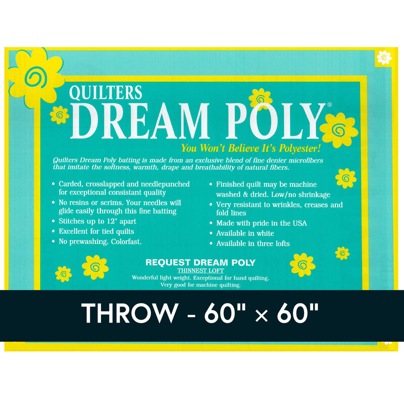 Cover sheet for Quilter's Dream Poly Request Batting, detailing composition, sizes, and usage instructions.