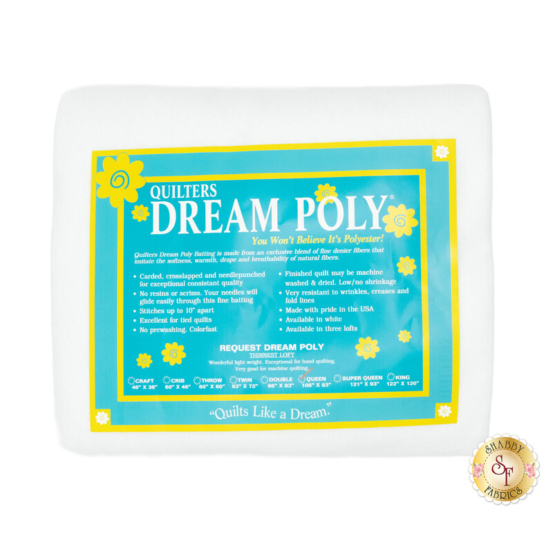 Queen sized batting for Quilter's Dream Poly Request - Low Loft Batting, detailing composition, sizes, and usage instructions, isolated on a white background.