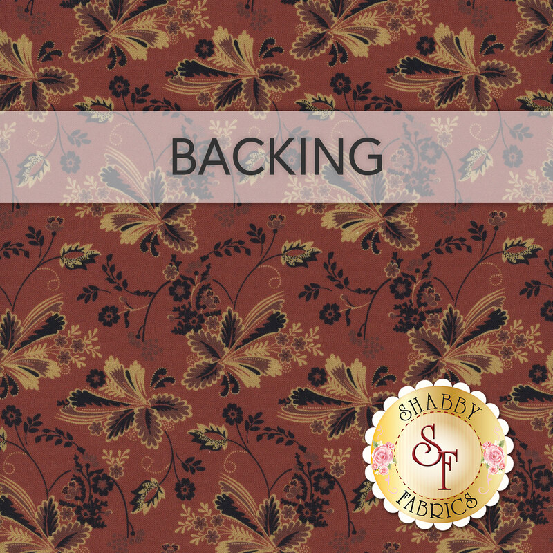 A muted red fabric with tan and black florals, a banner at the top that reads "Backing" and a golden Shabby Fabrics logo sits in the corner. 