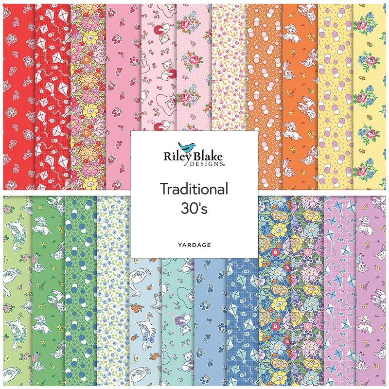 Collage of 1930's inspired fabrics in the collection in bright colors with designs featuring florals, kites, and cute animals. 