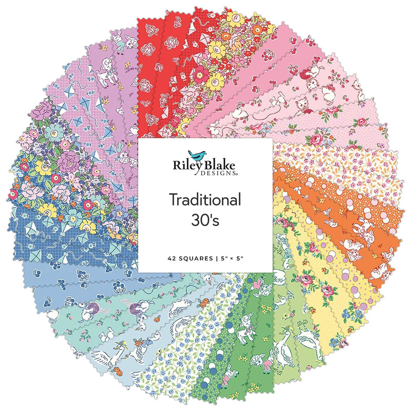 Circular collage of 1930's inspired fabrics in the collection in bright colors with designs featuring florals, kites, and cute animals. 