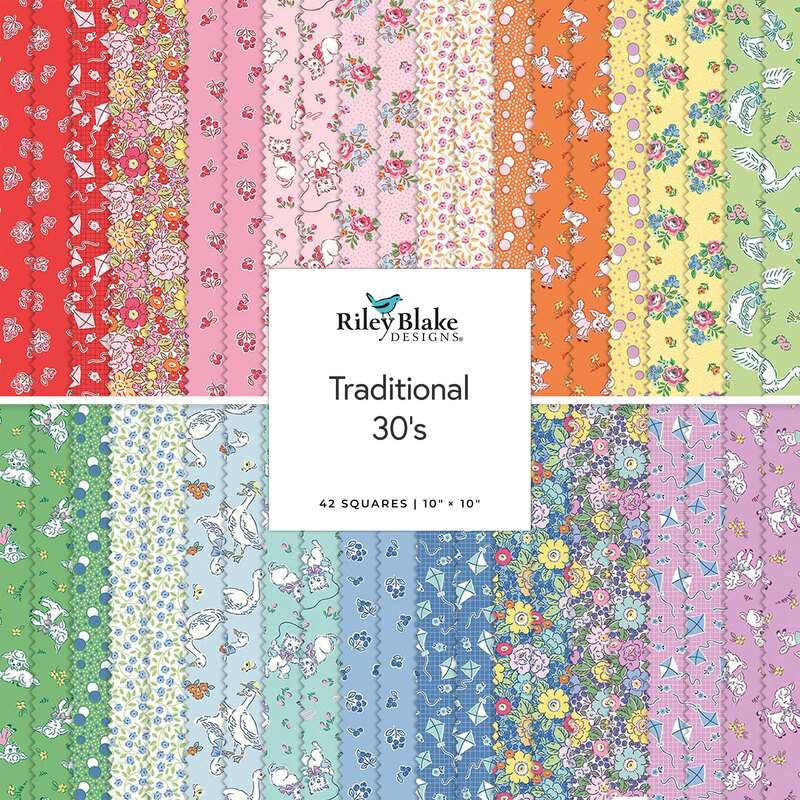 Collage of 1930's inspired fabrics in the collection in bright colors with designs featuring florals, kites, and cute animals. 