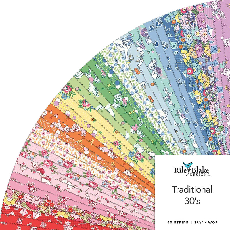 Fanned out collage of 1930's inspired fabrics in the collection in bright colors with designs featuring florals, kites, and cute animals. 