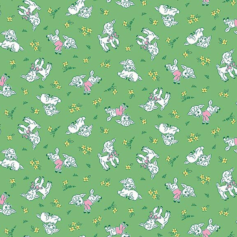Grass green fabric with a cute pattern of snow white lambs wearing pink sweaters and bows, along with small yellow flowers