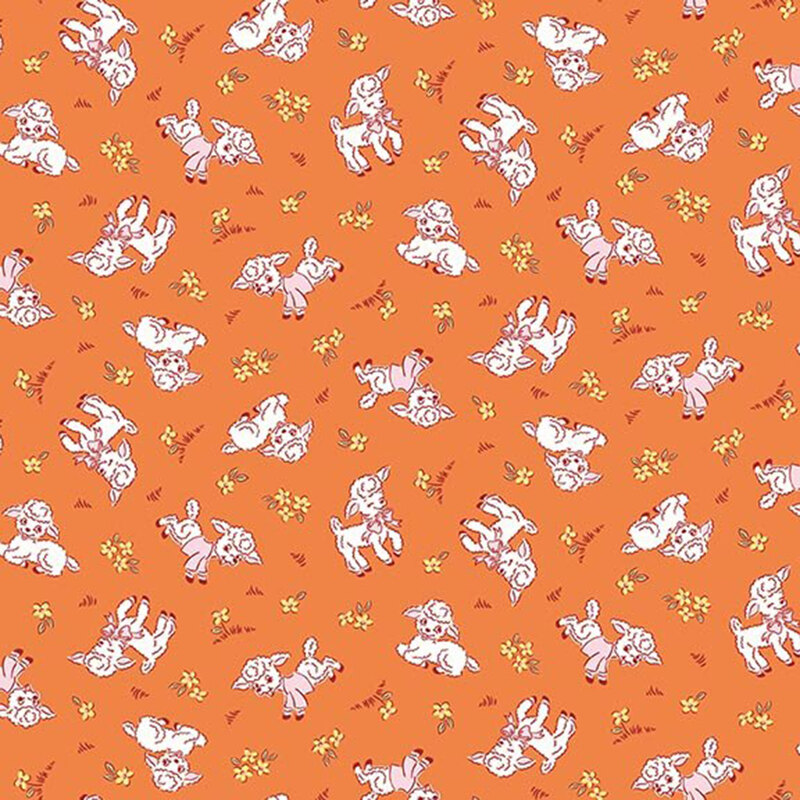 Cadmium orange fabric with a cute pattern of snow white lambs wearing very light pink sweaters and bows, along with small yellow flowers
