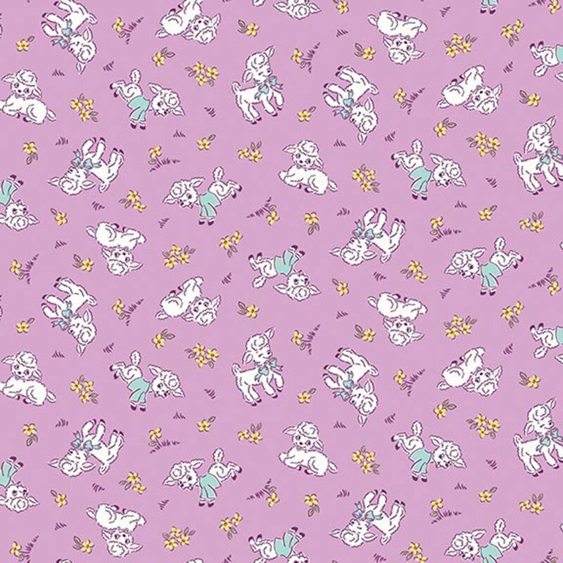 Lilac purple fabric with a cute pattern of snow white lambs wearing ice blue sweaters and bows, along with small yellow flowers