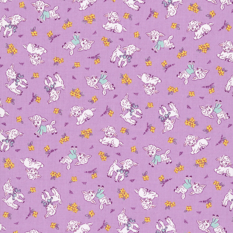 Lilac purple fabric with a cute pattern of snow white lambs wearing ice blue sweaters and bows, along with small yellow flowers