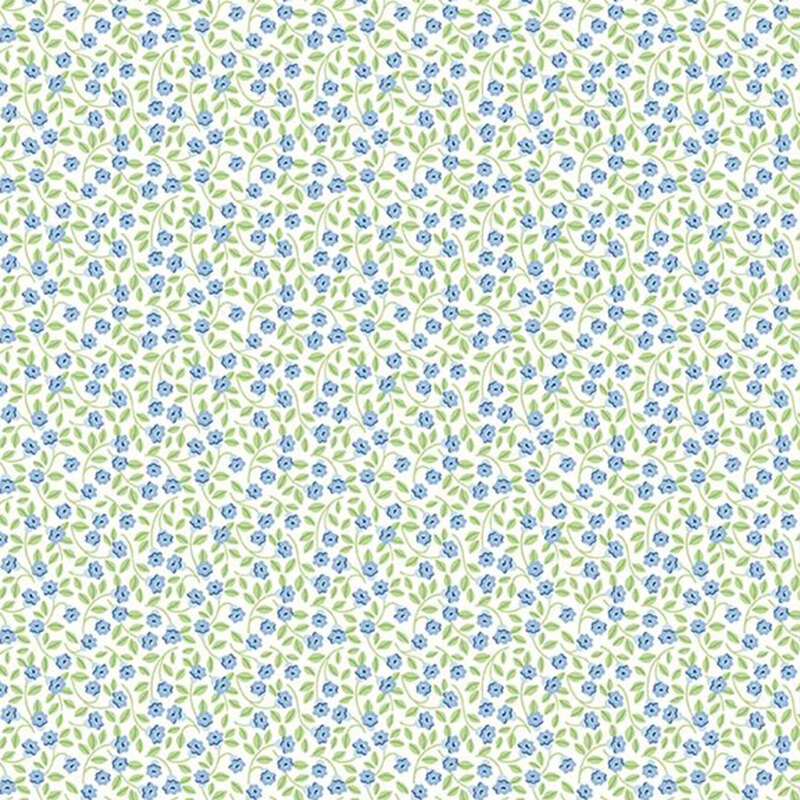 White fabric with a pastel calico floral pattern of small periwinkle blossoms and spring green vines 