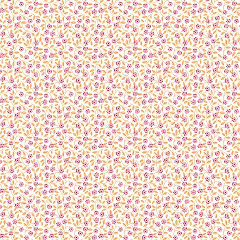 White fabric with a calico floral pattern of small mauve blossoms and honey yellow vines 