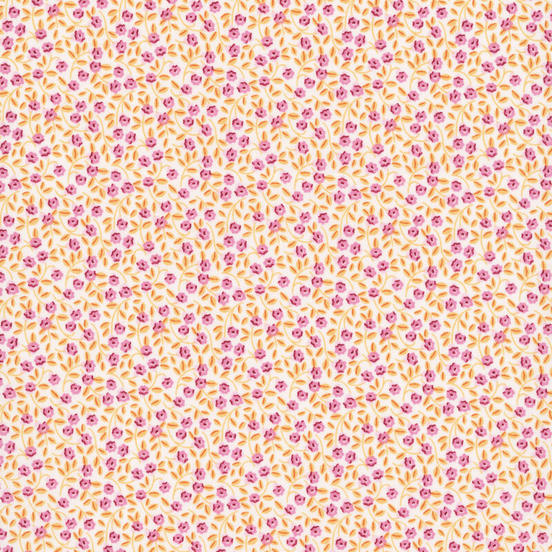 White fabric with a calico floral pattern of small mauve blossoms and honey yellow vines 