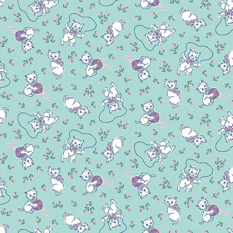 Turquoise fabric with white kittens with pastel pink bows playing with lavender purple balls of yarn and jumping rope, with small pink tulips