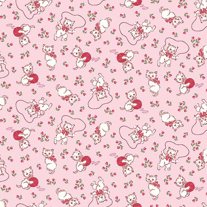Ballet pink fabric with white kittens with hot pink bows playing with hot pink balls of yarn and jumping rope, with small pink flowers