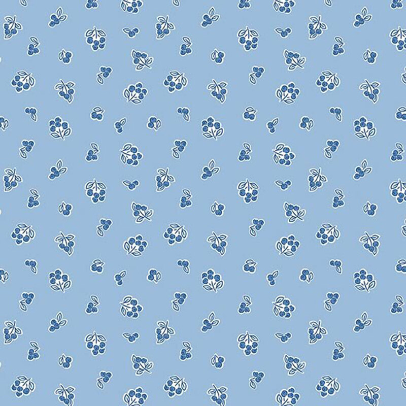 Periwinkle blue fabric with a ditsy pattern of blueberries