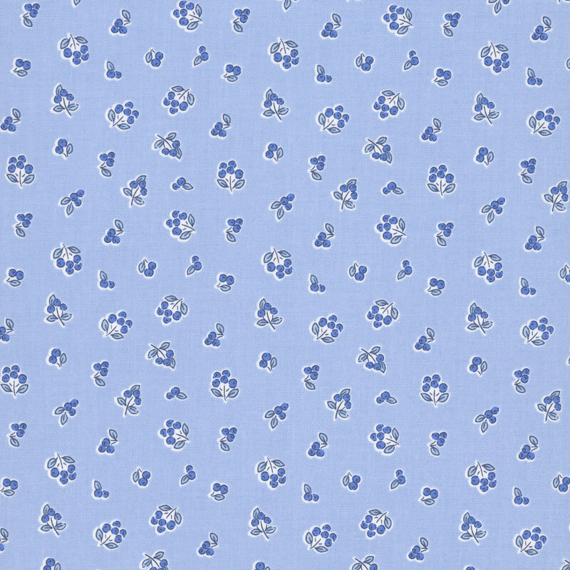 Periwinkle blue fabric with a pattern of blueberries